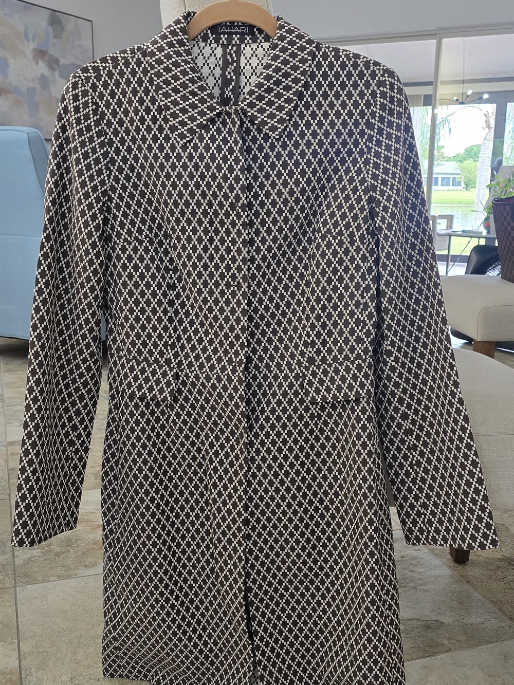 Tahari Black and White Geometric Trench Coat